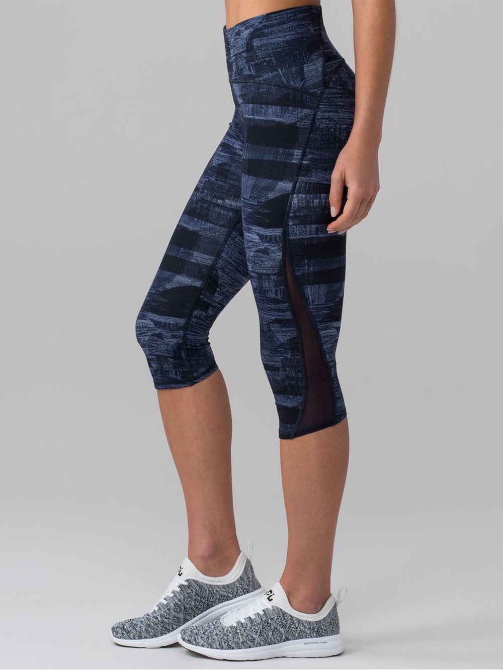 lululemon athletica Navy Striped Print Mesh-Panel Capris